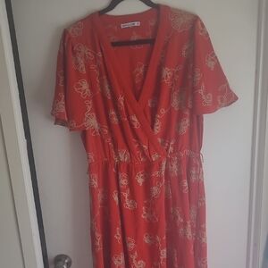 Floral Wrap-Front Midi Dress in Red with Cream Print
